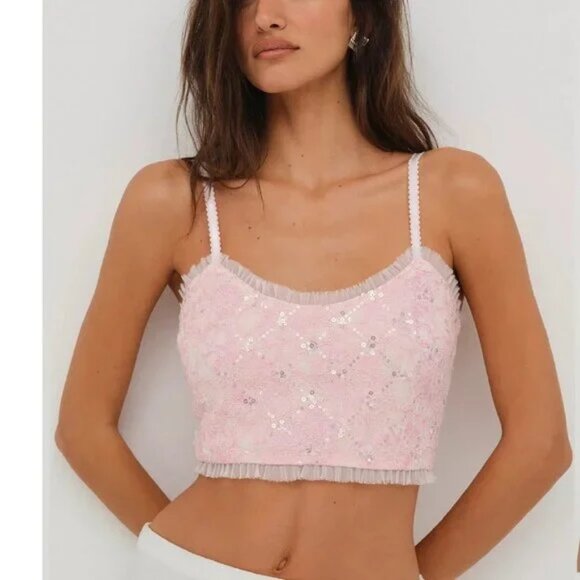 NWT $89 FOR LOVE & LEMONS ISABEAU SEQUIN PINK SLEEP TOP SIZE S - Picture 1 of 5